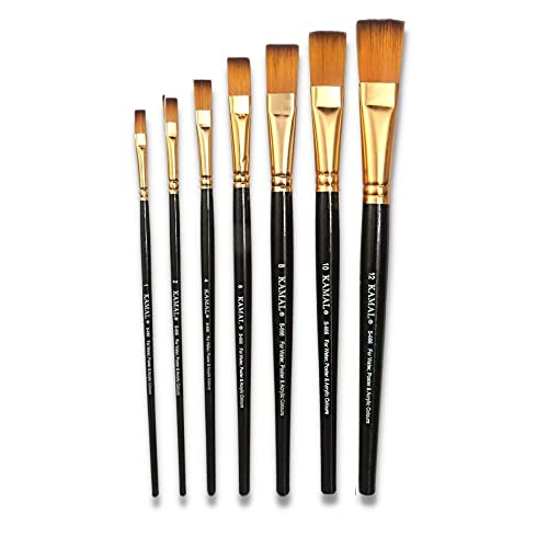 KAMAL Flat Golden Black Artist Painting Brush Taklon/Synthetic Brush for Oil, Nail, Artist Acrylic Painting ,Set of 7(Wooden Handle ,Synthetic Bristles) - Image 1