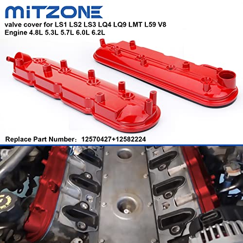 MITZONE Red Valve Covers left & right Compatible with Silverado Sierra Express Savana Avalanche Suburban Trailblazer Tahoe Yukon Escalade 4.8 5.3 6.0L Camaro Corvette CTS-V Firebird GTO 5.7 6.0L 6.2L V8 - Image 2