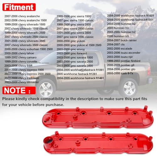 MITZONE Red Valve Covers left & right Compatible with Silverado Sierra Express Savana Avalanche Suburban Trailblazer Tahoe Yukon Escalade 4.8 5.3 6.0L Camaro Corvette CTS-V Firebird GTO 5.7 6.0L 6.2L V8 - Image 3