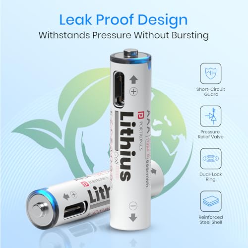 Portronics AAA Lithius Type C Rechargeable Batteries, Pack of 2, Lithium Ion Cell Composition, Upto 440mAh Capacity, Low Self Discharge, No Separate Charger Required (White) - Image 3