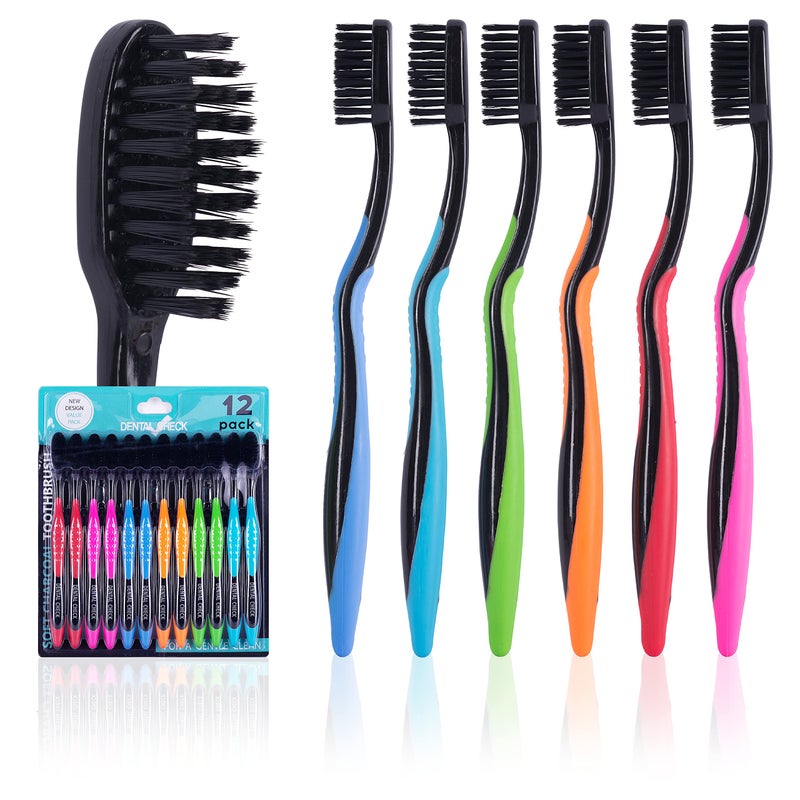 Dental Check 12 Pack Toothbrush Natural Teeth Whitening Solution UltraSoft Bristles for Dental Care Angled Bristles for HardtoReach Areas Clean Away 99 of Plaque Brighten a Smile Charcoal