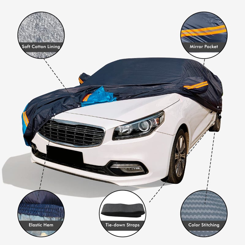 DINGHAO Car Cover Waterproof All Weather for Automobiles, 6 Layers Outdoor Full Exterior Cover Rain Sun UV Snowproof Protection with Zipper Cotton, Mirror Pocket for Sedan (190-195 inch) - Image 3