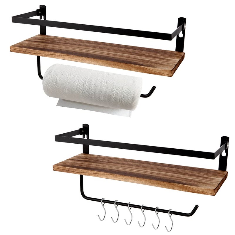 PHUNAYA Floating ShelvesWall Mounted Shelf for KitchenLiving RoomBedroomBathroom StorageRustic WoodSet of 2Carbonized Black