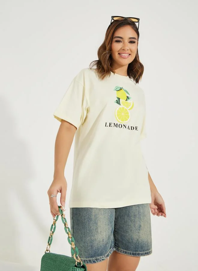 Styli Oversized Lemonade Graphic T-Shirt with Turn-Up Sleeves