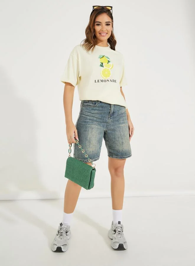 Styli Oversized Lemonade Graphic T-Shirt with Turn-Up Sleeves