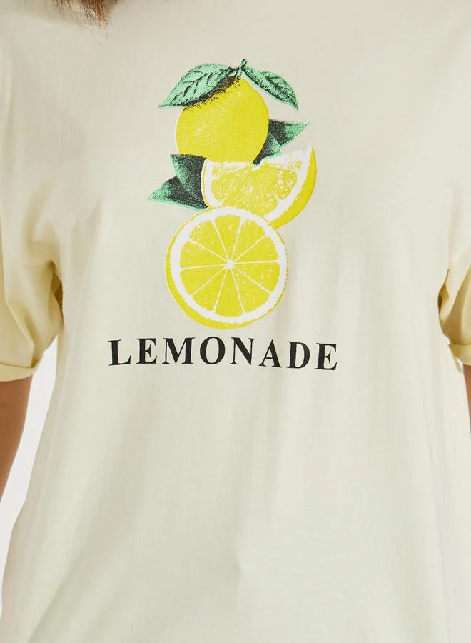 Styli Oversized Lemonade Graphic T-Shirt with Turn-Up Sleeves