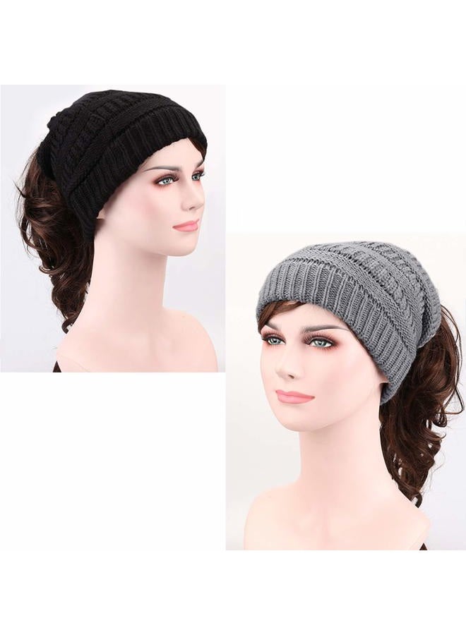 KRATARC Winter Warm Knit Ponytail Hat Beanie Tail Cap for Runner Women Youth Girl (Black & Grey) - Image 4