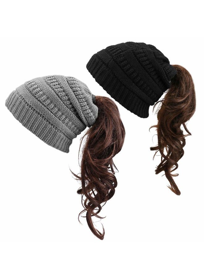 KRATARC Winter Warm Knit Ponytail Hat Beanie Tail Cap for Runner Women Youth Girl (Black & Grey) - Image 1