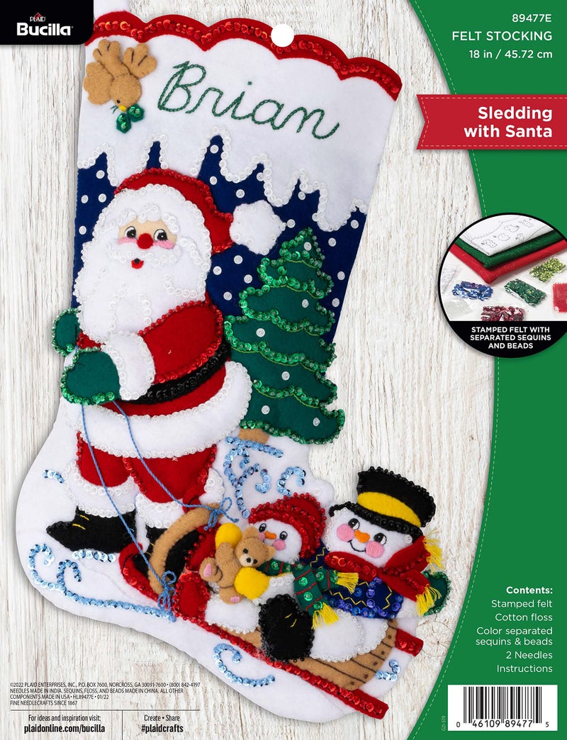 Bucilla Felt Applique 18 Stocking Making Kit Sledding with Santa Perfect for DIY Arts and Crafts 89477E - Image 2