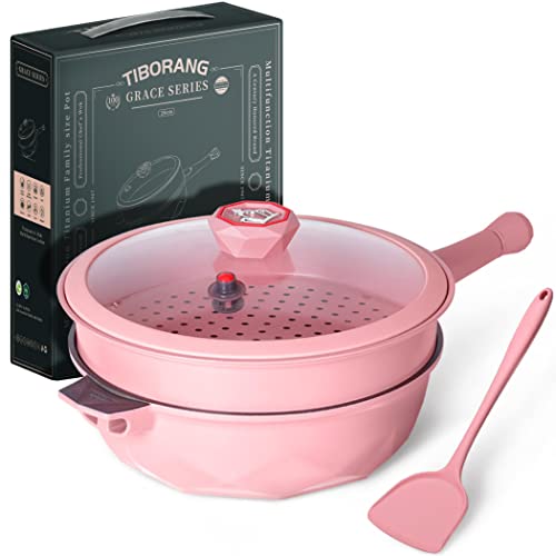 TIBORANG TIBORANG 8 in 1 Multipurpose 11 Inch 5 Quart Heat Indicator Nonstick Deep Frying Pan with Glass Lid Staycool Handle Steamed Grid PFOAFreeDishwasher and Oven SafeWorks with All Stovetops Pink 