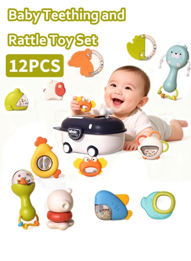 12-piece baby rattle toy set, baby teething toy, baby teething toy set with storage box, suitable for babies 0-24 months, early education toy set. - Image 1