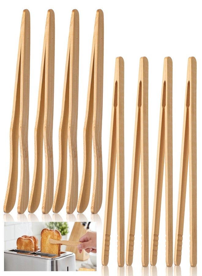 Elegaperma 8 Pcs Wood Tongs for Toaster 7 Inch Bamboo Toast Tongs, with Serrated Tips for a Secure Grip On Toast, Pastries, Tea, Reusable for Cooking & Serving (Curved + Straight) - Image 1