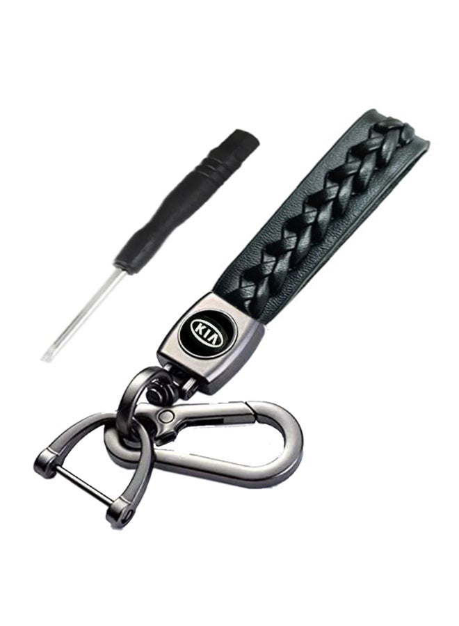 سلسلة مفاتيح جلدية بشعار كيا وحلقة مفاتيح معدنية - أسود