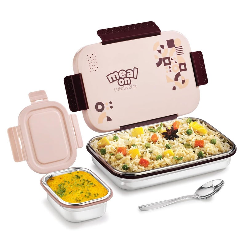 Pratap PRATAP Leak Proof Airtight BPA Free 100% Food Grade Meal On Premium Stainless Steel Lunch Tiffin Box Set for School Kids, Boys, Girls, Office, Women, Men with Steel Spoon (Peach, 750 ml & 200 ml)  - Image 1