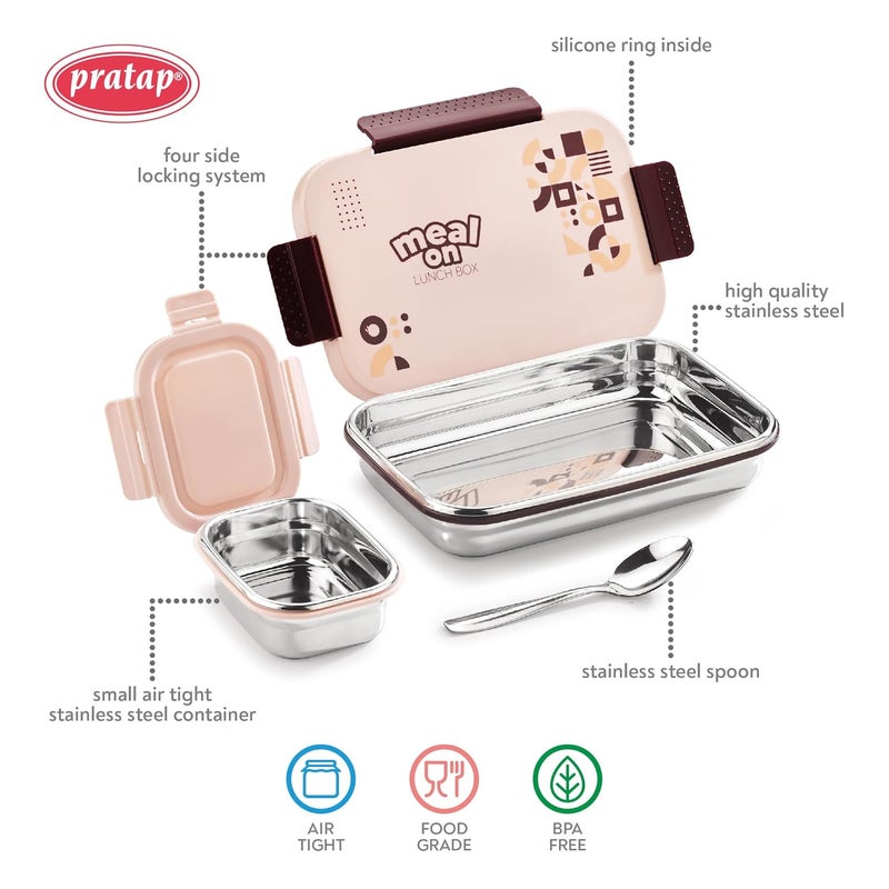 Pratap PRATAP Leak Proof Airtight BPA Free 100% Food Grade Meal On Premium Stainless Steel Lunch Tiffin Box Set for School Kids, Boys, Girls, Office, Women, Men with Steel Spoon (Peach, 750 ml & 200 ml)  - Image 3
