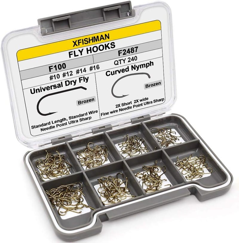XFISHMAN Fly-Hooks-for-Fly-Tying-Dry-Wet-Barbless-BL-Nymph-Flies Curved Czech Scud Fishing Hooks 10# ~16# Assortment Pack of 100-240 Hooks with Box - Image 1