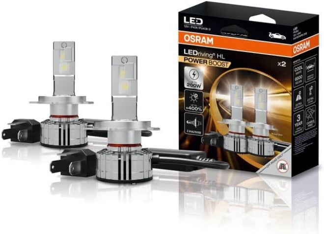 أوسرام OSRAM LEDriving Power Boost ≜ H4/H19، مصابيح أمامية للسيارات باللون الأبيض البارد، سطوع يصل إلى 400% أكثر، طاقة تصل إلى 200 واط، خالية من CANBUS، متوافقة مع سيارات الركاب 12 فولت، 5000 لومن، 64193DWPB، صندوق مزدوج (مصباحان) - Image 1