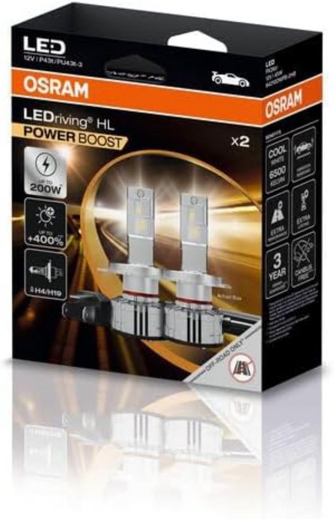 أوسرام OSRAM LEDriving Power Boost ≜ H4/H19، مصابيح أمامية للسيارات باللون الأبيض البارد، سطوع يصل إلى 400% أكثر، طاقة تصل إلى 200 واط، خالية من CANBUS، متوافقة مع سيارات الركاب 12 فولت، 5000 لومن، 64193DWPB، صندوق مزدوج (مصباحان) - Image 2