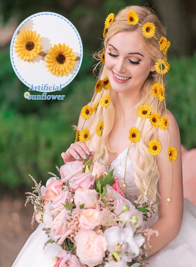 سي اتش ال اي انس اس طوق رأس هيبي من تشلينز، تاج زهور، طوق رأس بوهيمي مزين بزهرة عباد الشمس، قطعة رأس مزينة بالزهور، زي هيبي، أزياء الستينيات والسبعينيات للنساء (أصفر) - Image 5