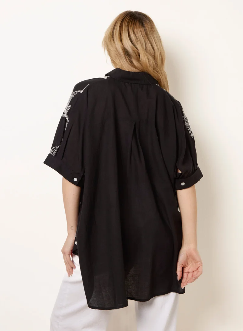 Blue Vanilla Embroidered Front Oversized Shirt
