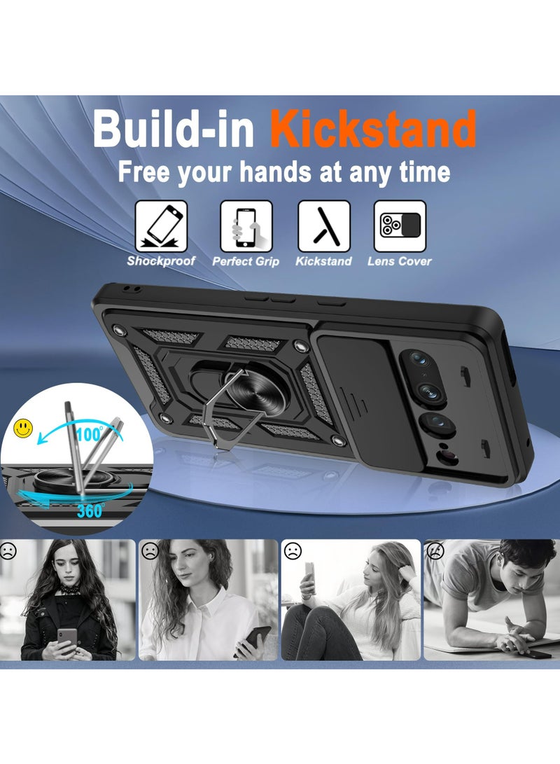 Google Pixel 7 Pro Case, Slide Camera Lens Cover + 360°Rotating Kickstand Ring + Support Magnetic Car Mount Shockproof Mobile Phone Case Black - Image 5