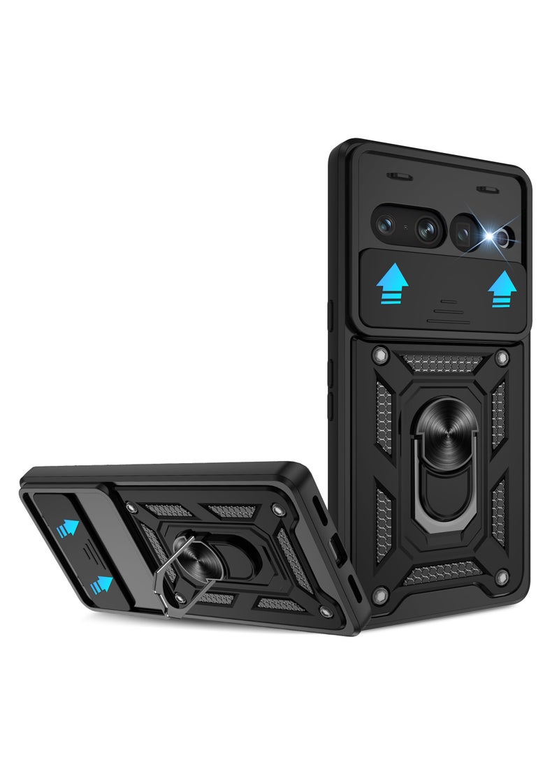 Google Pixel 7 Pro Case, Slide Camera Lens Cover + 360°Rotating Kickstand Ring + Support Magnetic Car Mount Shockproof Mobile Phone Case Black - Image 1