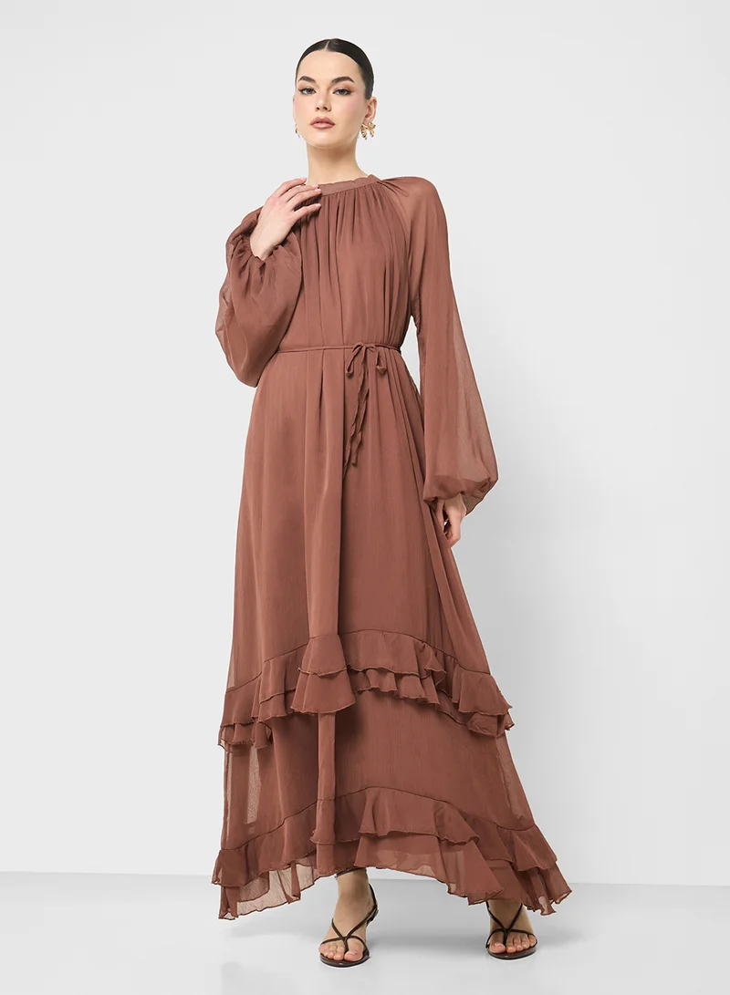 جينجر Pleated Ruffle Detail A Line Dress