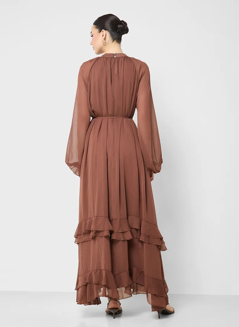 جينجر Pleated Ruffle Detail A Line Dress