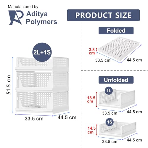 Aditya polymers Wardrobe Closet Organizers Combo Pack (2 Large + 1 Small) | Foldable Stackable Clothes Storage Baskets | Adjustable Sliding Drawer Design | Space Saving Multipurpose Organizer for Cupboard Almirah - Image 2
