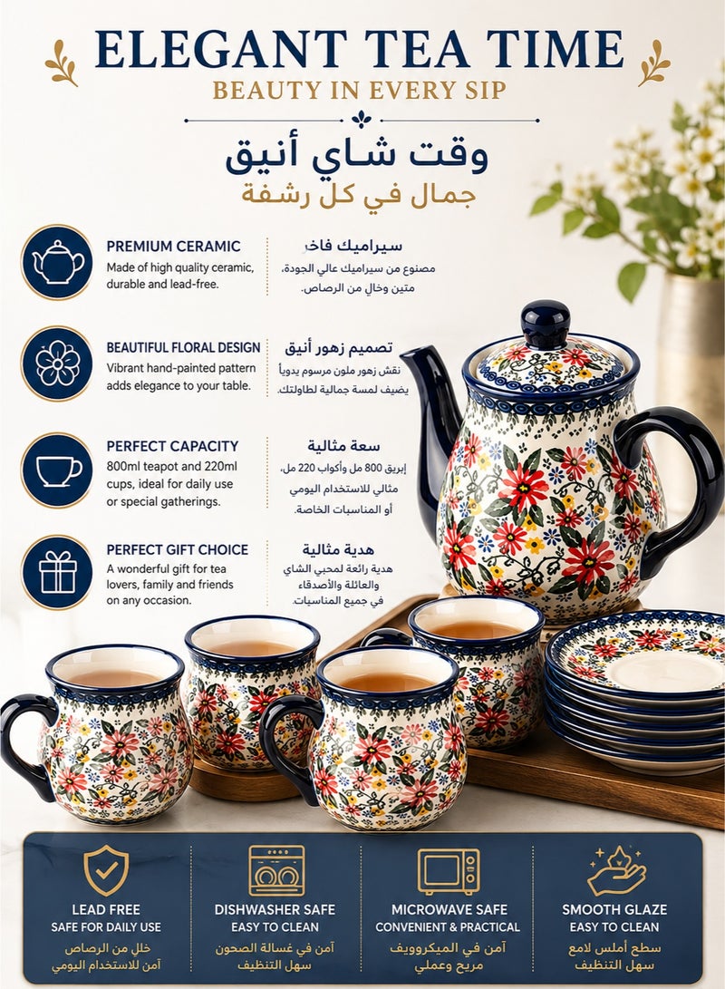 Monda Polish Pottery Style Porcelain Ceramic 9 Piece Tea Set, 200ml Tea Cup and Sauce Set of 4, 800ml Teapot（ Exotic Daisy） - Image 2