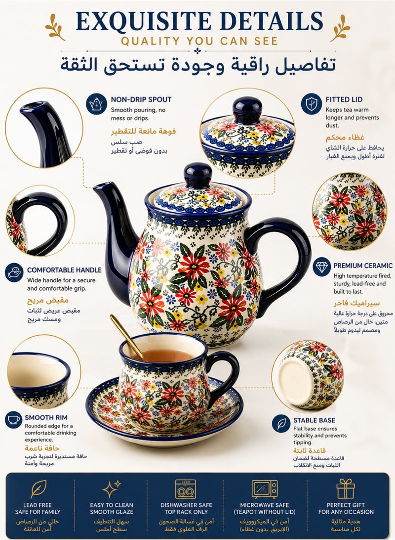 Monda Polish Pottery Style Porcelain Ceramic 9 Piece Tea Set, 200ml Tea Cup and Sauce Set of 4, 800ml Teapot（ Exotic Daisy） - Image 4
