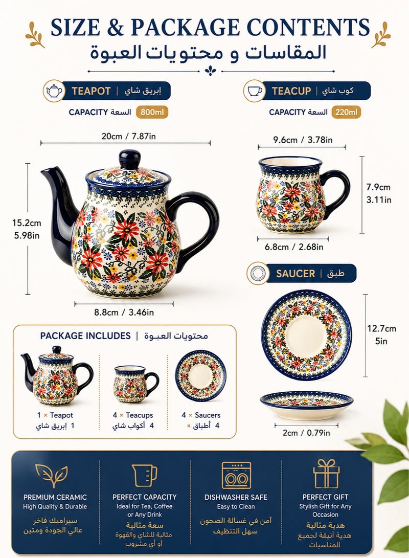 Monda Polish Pottery Style Porcelain Ceramic 9 Piece Tea Set, 200ml Tea Cup and Sauce Set of 4, 800ml Teapot（ Exotic Daisy） - Image 3