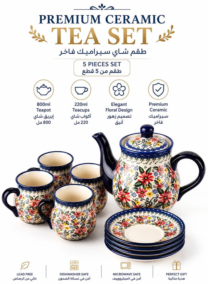 Monda Polish Pottery Style Porcelain Ceramic 9 Piece Tea Set, 200ml Tea Cup and Sauce Set of 4, 800ml Teapot（ Exotic Daisy） - Image 1