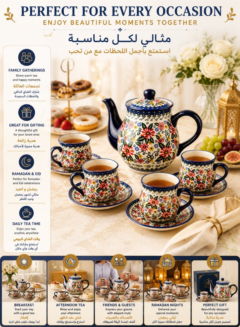 Monda Polish Pottery Style Porcelain Ceramic 9 Piece Tea Set, 200ml Tea Cup and Sauce Set of 4, 800ml Teapot（ Exotic Daisy） - Image 5