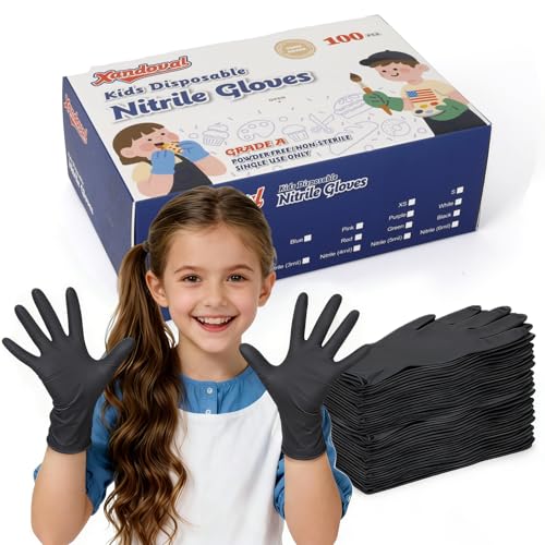 Xandoval Kids Disposable Gloves for 4-8 Years, 5Mil Small Black Nitrile Gloves for Work, Cleaning, Cooking, Gardening，Latex-Free and Powder-Free(XS,100PCS) - Image 1
