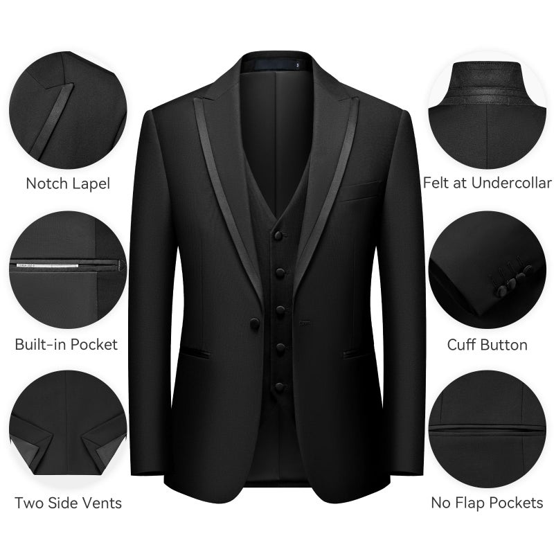 WEEN CHARM Men's 3 Piece Suit One Button Blazer Jacket Vest Pants Set Slim Fit Formal Wedding Business Suit Tuxedo Suit Black - Image 4