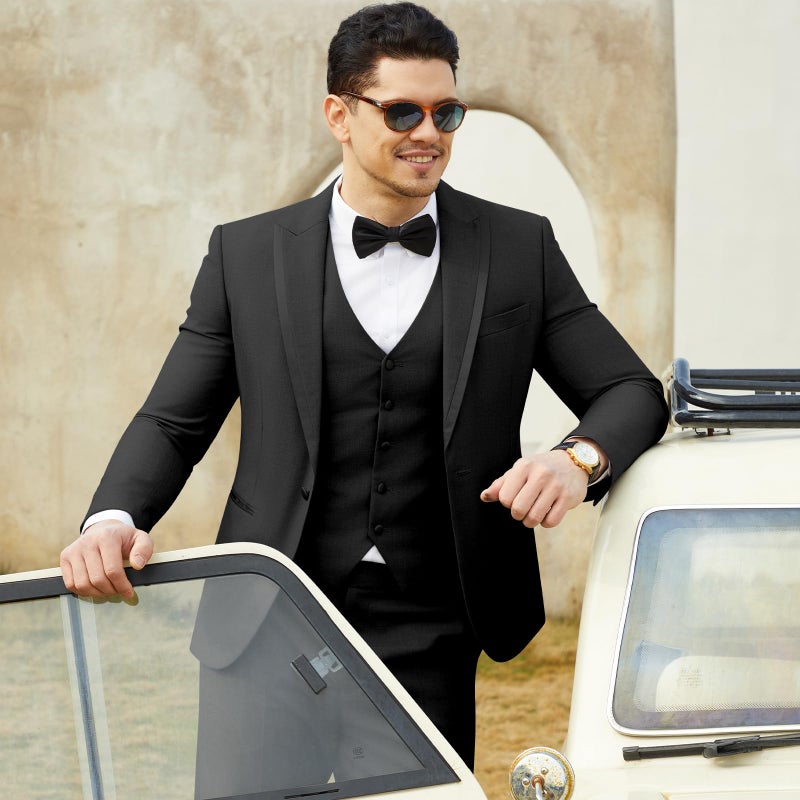 WEEN CHARM Men's 3 Piece Suit One Button Blazer Jacket Vest Pants Set Slim Fit Formal Wedding Business Suit Tuxedo Suit Black - Image 3
