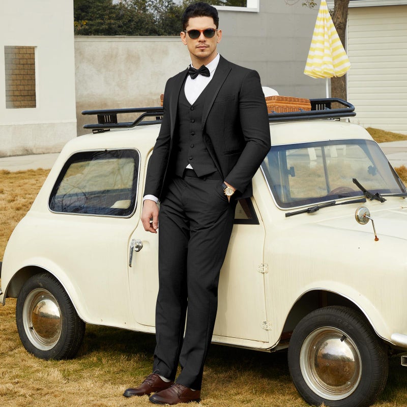 WEEN CHARM Men's 3 Piece Suit One Button Blazer Jacket Vest Pants Set Slim Fit Formal Wedding Business Suit Tuxedo Suit Black - Image 2