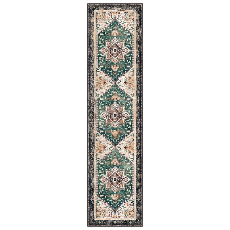 Yamaziot Washable Runner Rug, 2x8 Non-Slip Boho Vintage Hallway Rug Runner with Rubber Backing, Stain Resistant & Low Pile Faux Wool Distressed Carpet Runner for Kitchen, Laundry, Entrance, Turquoise - Image 2