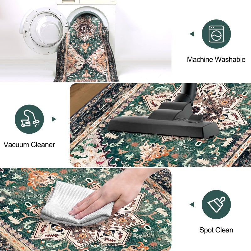 Yamaziot Washable Runner Rug, 2x8 Non-Slip Boho Vintage Hallway Rug Runner with Rubber Backing, Stain Resistant & Low Pile Faux Wool Distressed Carpet Runner for Kitchen, Laundry, Entrance, Turquoise - Image 5