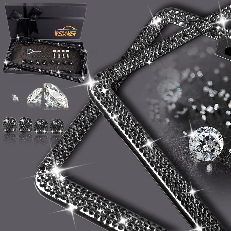WEDAMER 2 Pack Black Bling License Plate Frames for Women, Sparkly Rhinestone Diamond License Plate Frame Glitter Bedazzled Car License Plate Cover Holder with Bling Tire Valve Caps (Giftbox) - Image 3