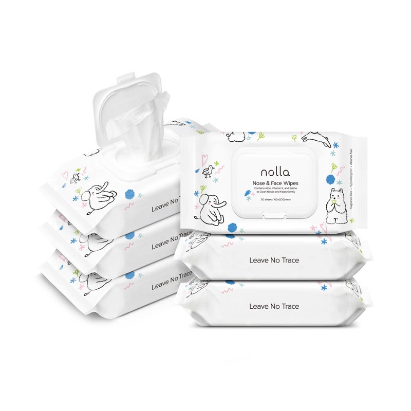 Nolla Nose and Face Wipes for Babies & Kids with Saline, Vitamin E, & Aloe | Unscented | Compostable, 180 Count (6 Packs of 30) - Image 1