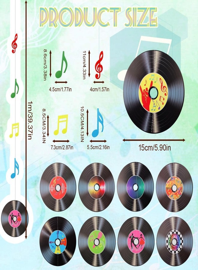 Foyods 9 Pcs Rock & Roll Party Decorations Set - Retro Vinyl Record & Music Note Hanging Cutouts, 50s 70s 90s Music Theme Decor Record Wall Decor, Musics Notes Banners Hanging Cutout Ceilings for Party Room - Image 2