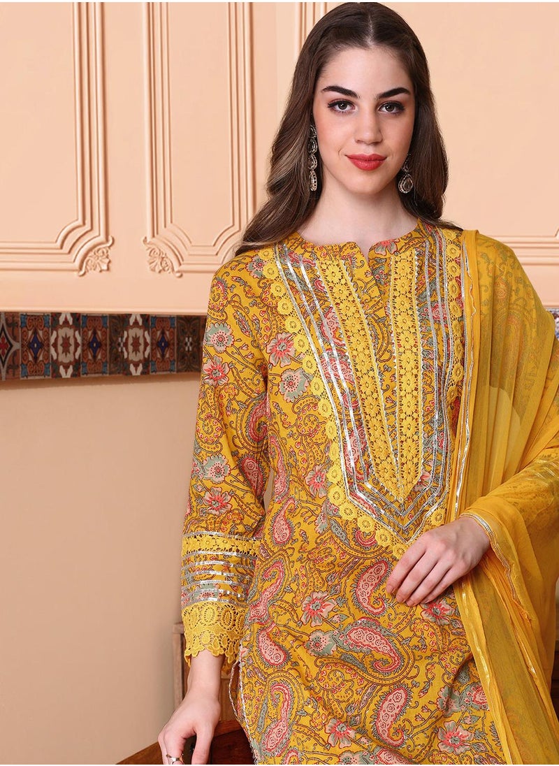 ISHIN Straight Fit Printed Pattern Round Neck Three-Quarter Sleeves Mustard Colour Knitted Cotton Kurta Set for Women with Semi Elastic Closure - Designed with Style and Comfort  - Image 2