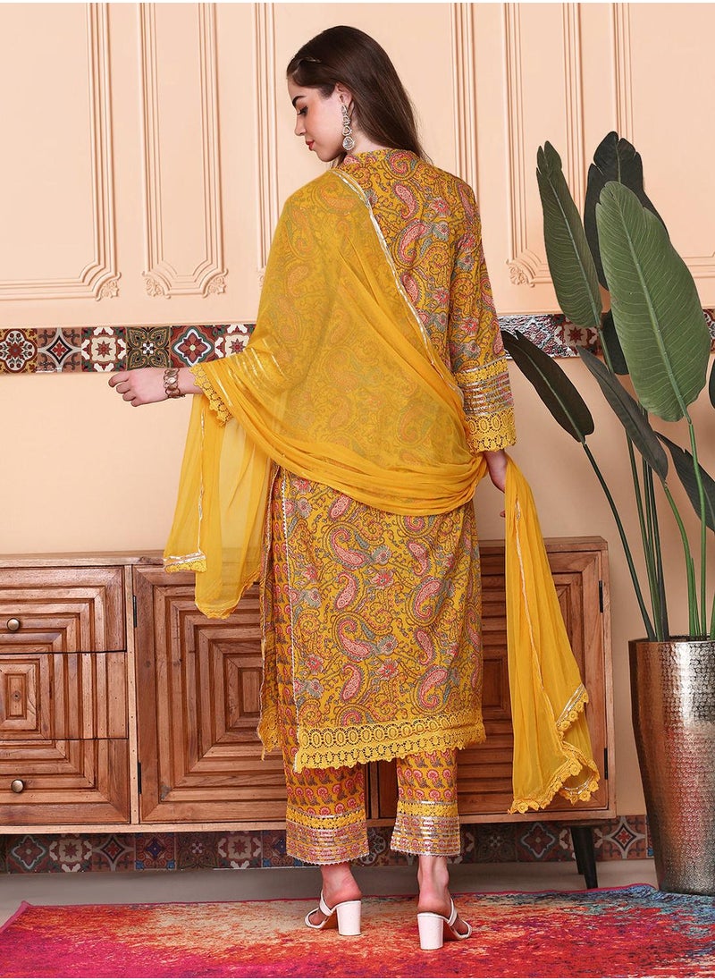 ISHIN Straight Fit Printed Pattern Round Neck Three-Quarter Sleeves Mustard Colour Knitted Cotton Kurta Set for Women with Semi Elastic Closure - Designed with Style and Comfort  - Image 5