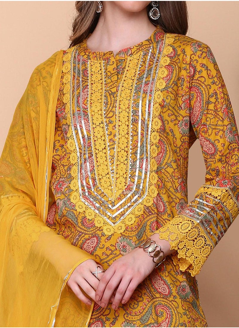 ISHIN Straight Fit Printed Pattern Round Neck Three-Quarter Sleeves Mustard Colour Knitted Cotton Kurta Set for Women with Semi Elastic Closure - Designed with Style and Comfort  - Image 3