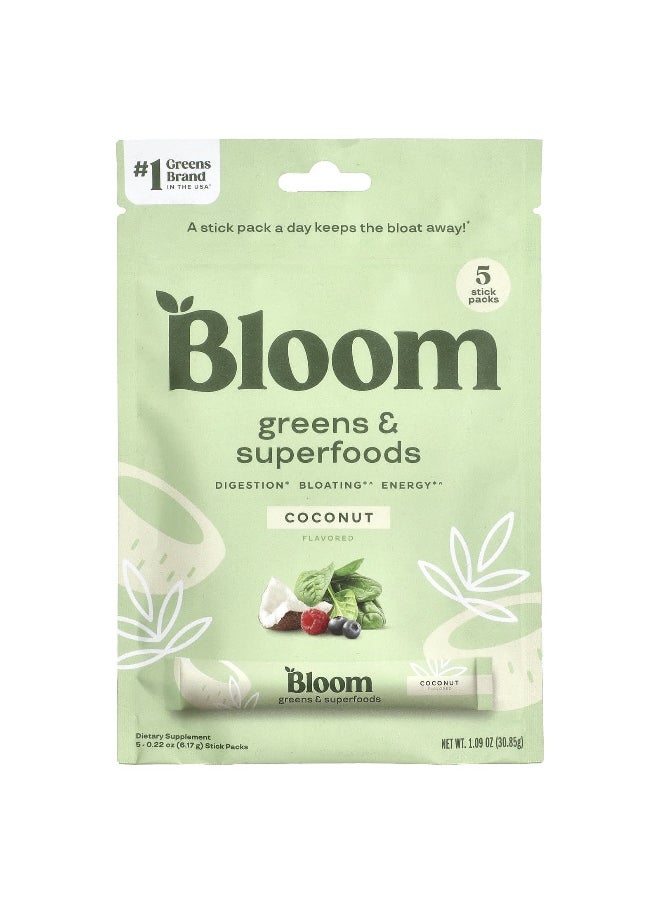 BLOOM Bloom, Greens & Superfoods, Coconut, 5 Stick Packs, 0.19 oz (5.44 g) Each  - Image 1