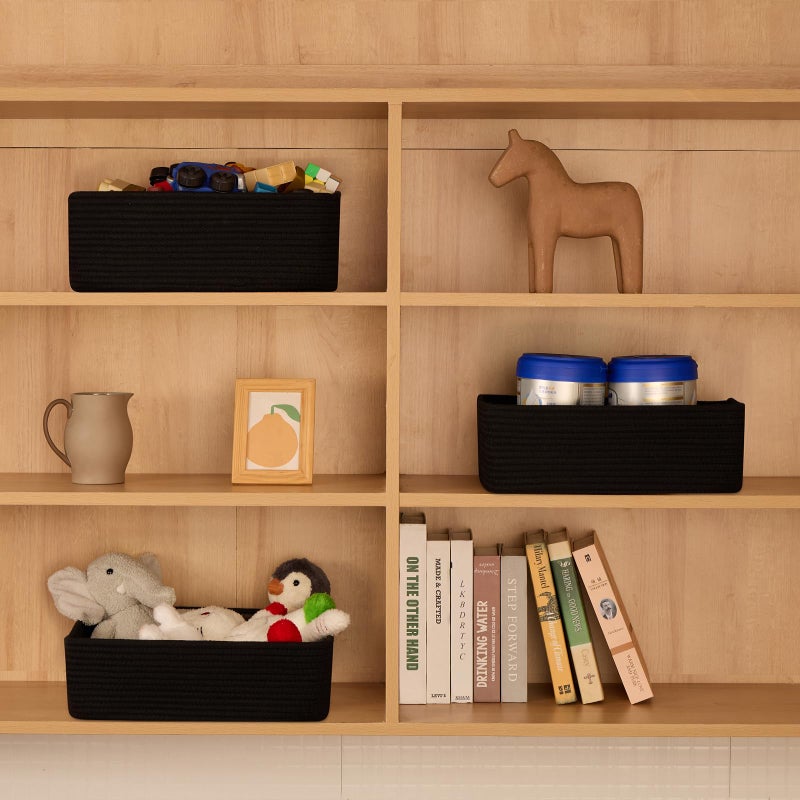 MiniArk Large Shallow Organizing Baskets 15x11x5.1 Inches - Rope Woven Storage Bins for Bathroom, Shelves, Cube Closet, Black 2 Packs - Image 3