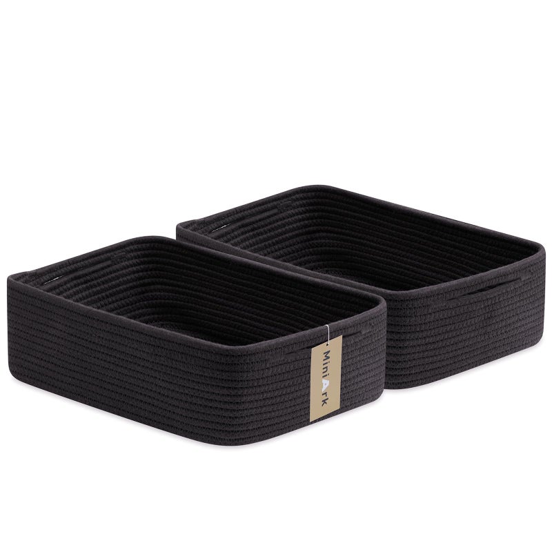 MiniArk Large Shallow Organizing Baskets 15x11x5.1 Inches - Rope Woven Storage Bins for Bathroom, Shelves, Cube Closet, Black 2 Packs - Image 1