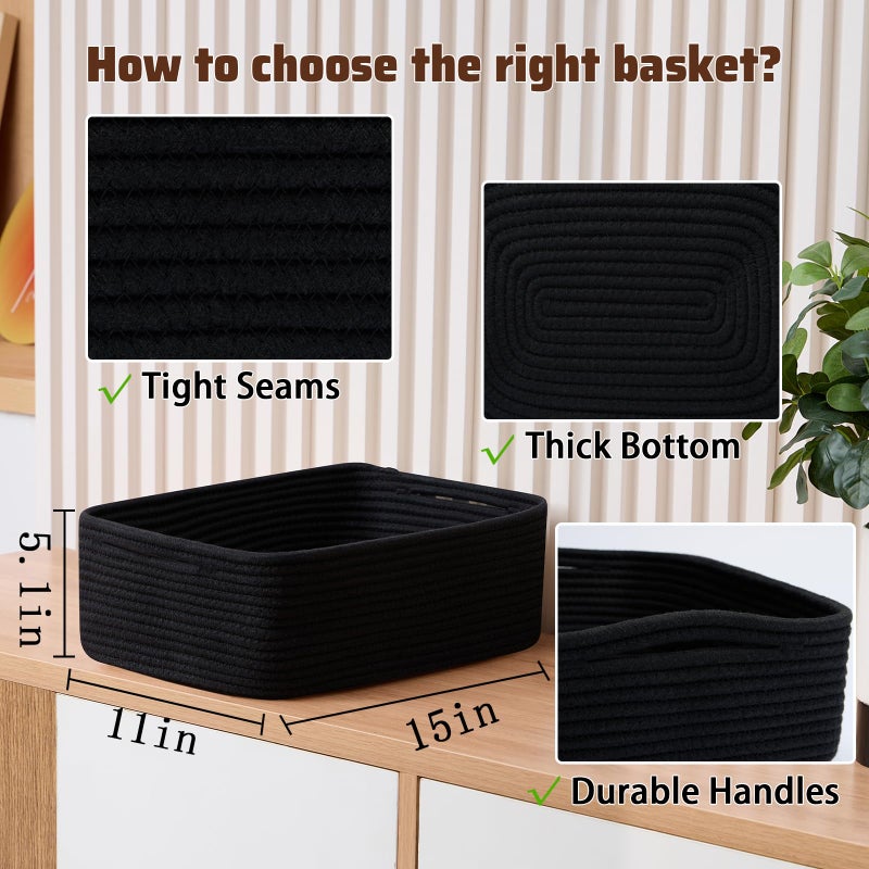 MiniArk Large Shallow Organizing Baskets 15x11x5.1 Inches - Rope Woven Storage Bins for Bathroom, Shelves, Cube Closet, Black 2 Packs - Image 2